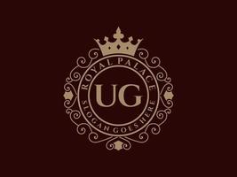 Letter UG Antique royal luxury victorian logo with ornamental frame. vector