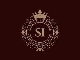 Letter SI Antique royal luxury victorian logo with ornamental frame. vector