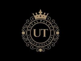 Letter UT Antique royal luxury victorian logo with ornamental frame. vector