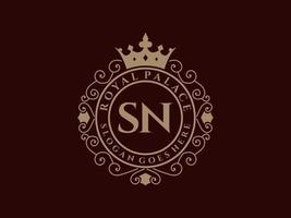 Letter SN Antique royal luxury victorian logo with ornamental frame. vector