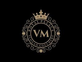 Letter VM Antique royal luxury victorian logo with ornamental frame. vector