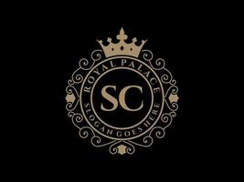 Letter SC Antique royal luxury victorian logo with ornamental frame. vector