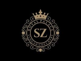 letra sz logotipo victoriano de lujo real antiguo con marco ornamental. vector