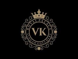 letra vk logotipo victoriano de lujo real antiguo con marco ornamental. vector