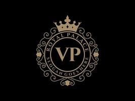 Letter VP Antique royal luxury victorian logo with ornamental frame. vector