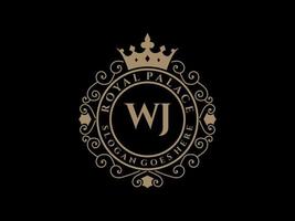 letra wj logotipo victoriano de lujo real antiguo con marco ornamental. vector