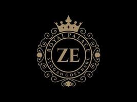 Letter ZE Antique royal luxury victorian logo with ornamental frame. vector