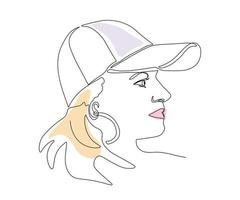 the profile of a girl in a baseball cap drawn by hand in one line vector