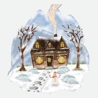 concepto de paisaje invernal con montaña, casa, muñeco de nieve y árbol en la ilustración de la temporada de invierno nevada vector