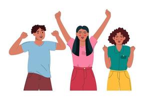 un grupo de personas alegres de diferentes. levantan la mano y se regocijan. ilustración vectorial plana vector