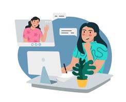 Virtual remote work. Windows with office colleagues. Online remote video conference call. Video conference. Vector illustration is flat isolated on a white background.