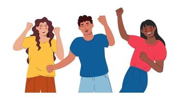 A group of joyful people of different. They raise their hands and rejoice. Vector illustration flat