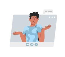 trabajo remoto virtual. una ventana con un colega de oficina masculino. llamada de videoconferencia remota en línea. . la ilustración vectorial es plana aislada en un fondo blanco. vector