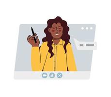 Virtual remote work. Window with a girl office colleague. Online remote video conference call. . Vector illustration is flat isolated on a white background.