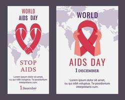 Set of AIDS day posters, flyers. Human hands holding red AIDS ribbon. Awareness of AIDS. Support for hiv infected people. Vector illustration