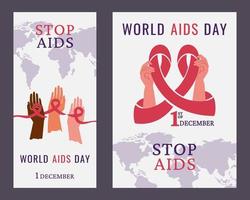 World Aids day. Set of posters. Awareness of AIDS. People of different colour, nationality holding red ribbon as symbol of unity, help for one another. Support for hiv infected people. Vector