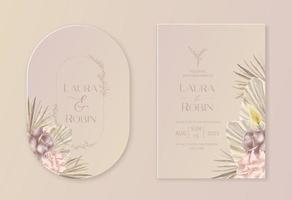 Wedding dried lunaria, pampas grass floral vector card. Watercolor Exotic dried flowers, palm leaves boho invitation template. Save the Date foliage cover, modern poster, trendy design.