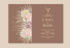 Wedding invitation template with dried lunaria, pampas grass. rose floral vector card. Watercolor Exotic dried flowers, palm leaves boho invitation template.