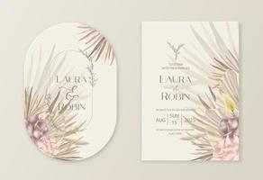 Wedding dried lunaria, pampas grass floral vector card. Watercolor Exotic dried flowers, palm leaves boho invitation template. Save the Date foliage cover, modern poster, trendy design.