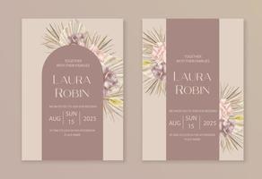 plantilla de invitación de boda con lunaria seca, hierba de pampa. tarjeta de vector floral rosa. flores secas exóticas de acuarela, plantilla de invitación boho de hojas de palma.