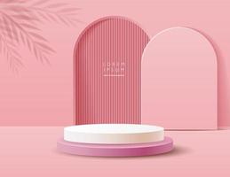 Abstract pink 3D room with realistic pink and white cylinder pedestal podium. podium for mockup products, showcase stage, promotion display. Vector illustration