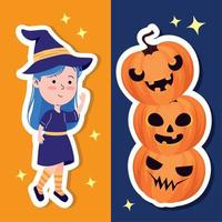 bruja de halloween con pila de calabazas vector