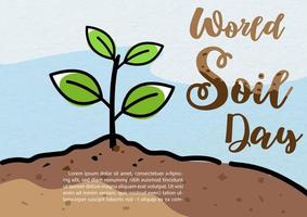 Image of small plant growing in a soil and world soil day letters in flat style on blue paper pattern background. Card and poster's campaign of world soil day in vector design.