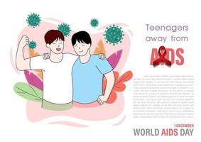 adolescente en concepto fuerte de personaje de dibujos animados con eslogan de evento, textos de ejemplo y cartas del día mundial del sida sobre fondo blanco. cartel de la campaña del día mundial del sida en diseño vectorial. vector