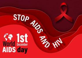 el día y el nombre del evento con eslogan y cinta roja en capas de forma abstracta en estilo de corte de papel en el fondo del patrón de papel. campaña de tarjetas y afiches del día mundial del sida en diseño vectorial. vector