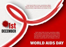 Big red ribbon in brush style with the day and name of event, example texts on red and white background. World AIDS Day card and poster campaign in paper cut style and vector design.