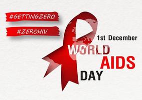 hashtag de eslogan en la barra de color rojo y fondo blanco cortado en forma de cinta con el día, nombre del día mundial del sida en el fondo rojo del mapa mundial. todo en diseño de vectores de campaña.