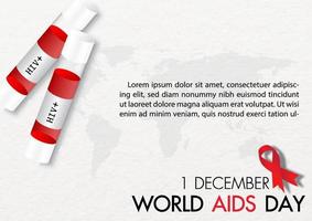 HIV blood in tubes with red ribbon and the day, name of event on world map and white paper pattern background with copy space for texts. Campaign poster of World AIDS Day in vector design.