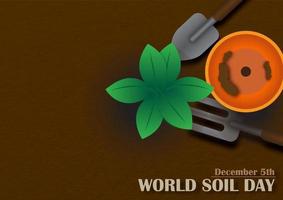 Top view of gardening tools and flower pot with a small green plant, the day and name of event on soil pattern background with space for texts. Campaign's poster of World Soil Day in vector design.