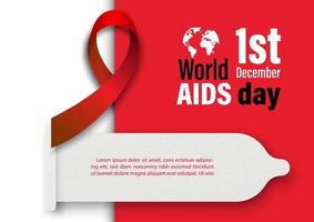 Wording design of World AIDS day with condom and red ribbon on red and white background. World AIDS day poster campaign in paper cut style and vector design.