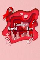 Red ribbon and symbol the cause of the disease, the name of event in abstract shape on world map and red background. Campaign poster of World AIDS Day in layer paper cut style and vector design.