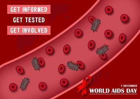 closeup and macro view of HIV virus with red blood cells in blood vessel and red ribbon, the name, slogan of event on world map and red background. Campaign poster of World AIDS Day in vector design.