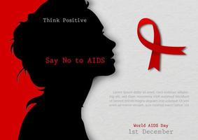 Silhouette of woman and red ribbon with world AIDS day's concept wording, example texts on red and white paper pattern background. vector