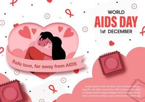 World AIDS day slogan on pink ribbon banner with Couple in heart frame and the name of event, example texts on white background. World AIDS day poster's campaign in vector design.
