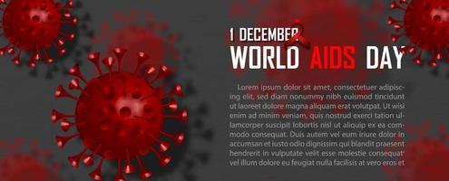 Closeup HIV virus in 3d style with the day and name of event, red ribbon and example texts on blurred virus and dark gray background. World AIDS Day campaign poster in banner and vector design.