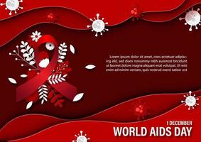 Red ribbon with decorated plants and wording of world AIDS day on wave flame and red background. World AIDS day poster's campaign in paper cut style and vector design.