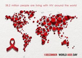 HIV virus in paper cut style and world map shape with information wording, red ribbon and the day, name of event on white paper pattern background. World AIDS Day campaign poster in vector design.