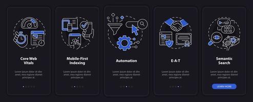Search engine optimization concepts night mode onboarding mobile app screen. Walkthrough 5 steps editable instructions with linear concepts. UI, UX, GUI template. vector