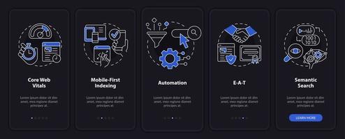 conceptos de optimización de motores de búsqueda pantalla de aplicación móvil de incorporación de modo nocturno. tutorial 5 pasos instrucciones editables con conceptos lineales. interfaz de usuario, ux, plantilla de interfaz gráfica de usuario. vector