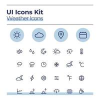 kit de iconos de la interfaz de usuario del tiempo. pronóstico conjunto de símbolos vectoriales de línea delgada. soleado y nublado. clima cálido, frío. Paquete de botones de aplicación móvil de meteorología en círculos azules. colección de elementos de diseño web vector