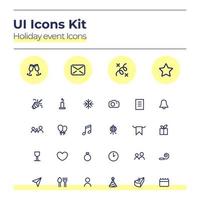 Holiday events UI icons kit. Party calender thin line vector symbols set. Birthday, wedding date. Celebration mobile app buttons in yellow circles pack. Web design elements collection