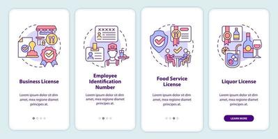 Restaurant business licenses onboarding mobile app screen. Walkthrough 4 steps editable graphic instructions with linear concepts. UI, UX, GUI template. vector