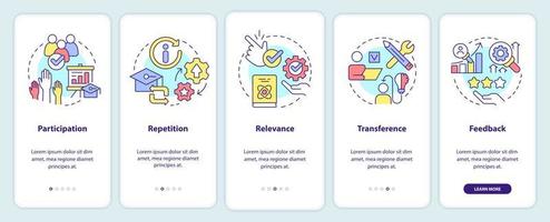 Principles of learning for students onboarding mobile app screen. Walkthrough 5 steps editable graphic instructions with linear concepts. UI, UX, GUI template. vector
