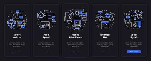 SEO ranking factors night mode onboarding mobile app screen. Walkthrough 5 steps editable graphic instructions with linear concepts. UI, UX, GUI template. vector