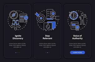 Search engine optimization pillars night mode onboarding mobile app screen. Walkthrough 3 steps editable instructions with linear concepts. UI, UX, GUI template. vector