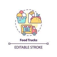 Food trucks concept icon. Restaurant type abstract idea thin line illustration. Vehicle for cooking and selling snacks. Isolated outline drawing. Editable stroke. vector